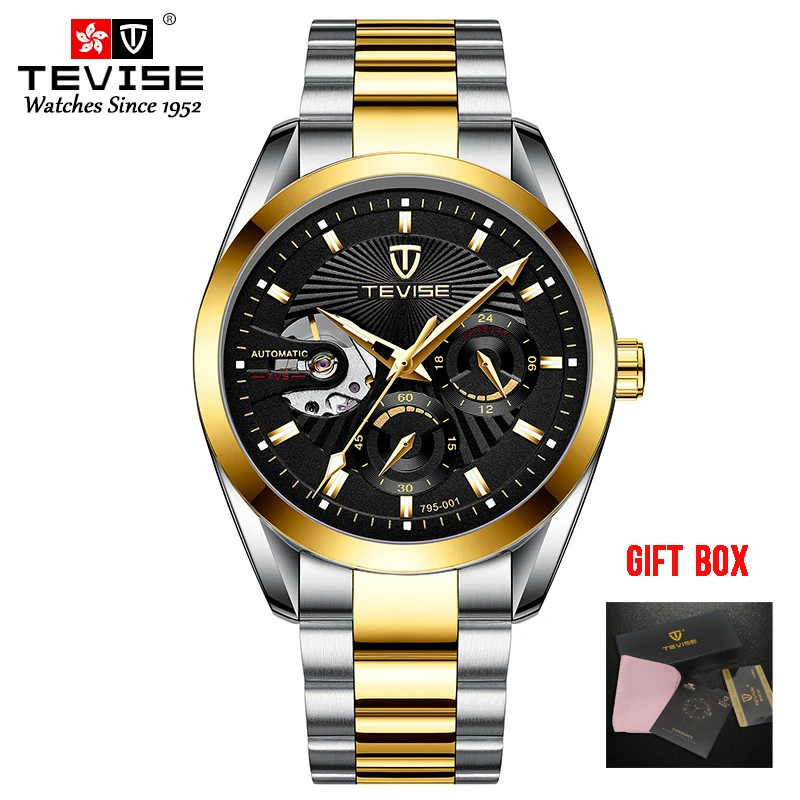 gold black Tevise мужские часы Tourbillon автоматические механические часы лучший бренд класса люкс водонепроницаемые мужские наручные часы с скелетом Relogio Masculino - Цвет: gold black