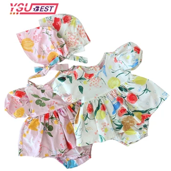 

2020 Fashion Baby Girls Clothes Floral Toddler Twin Girls Bodysuits Princwss Bodysuit With Hat Cotton Newborn Clothes