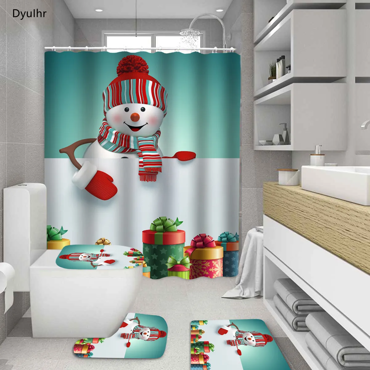 

Аксессуары для ванной комнаты с принтом снеговика; Полиэстер Водонепроницаемый душевая занавеска сиденье для унитаза, коврик Рождество ванная комната комплект DyuIhr
