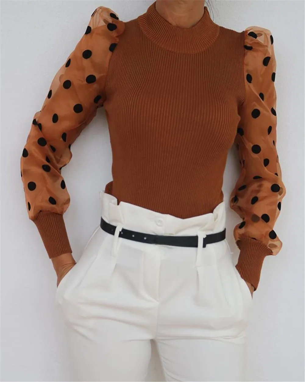 Осенняя женская блузка, винтажные Топы в горошек, сетчатые прозрачные блузки с длинным рукавом-фонариком, офисные рубашки, модная женская рубашка
