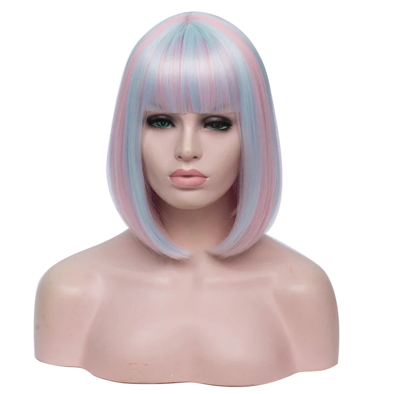 MSIWIGS два тона БОБО Косплей парики для женщин розовый синий смешанный прямой парик с челкой короткие синтетические волосы парики - Цвет: Многоцветный