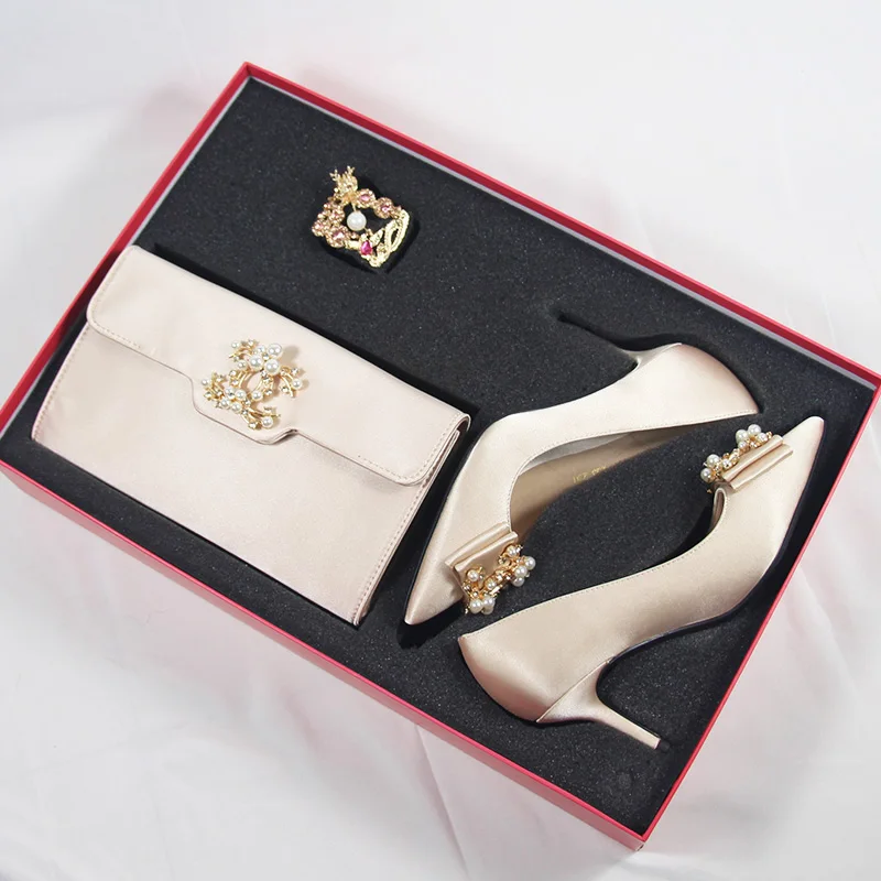 Shoes set 1 пара роскошные шампанское золотистого цвета для свадьбы, помолвки празднование, вечеринка пользу высокий каблук или обувь на плоской подошве в качестве подарка - Цвет: Shoes set