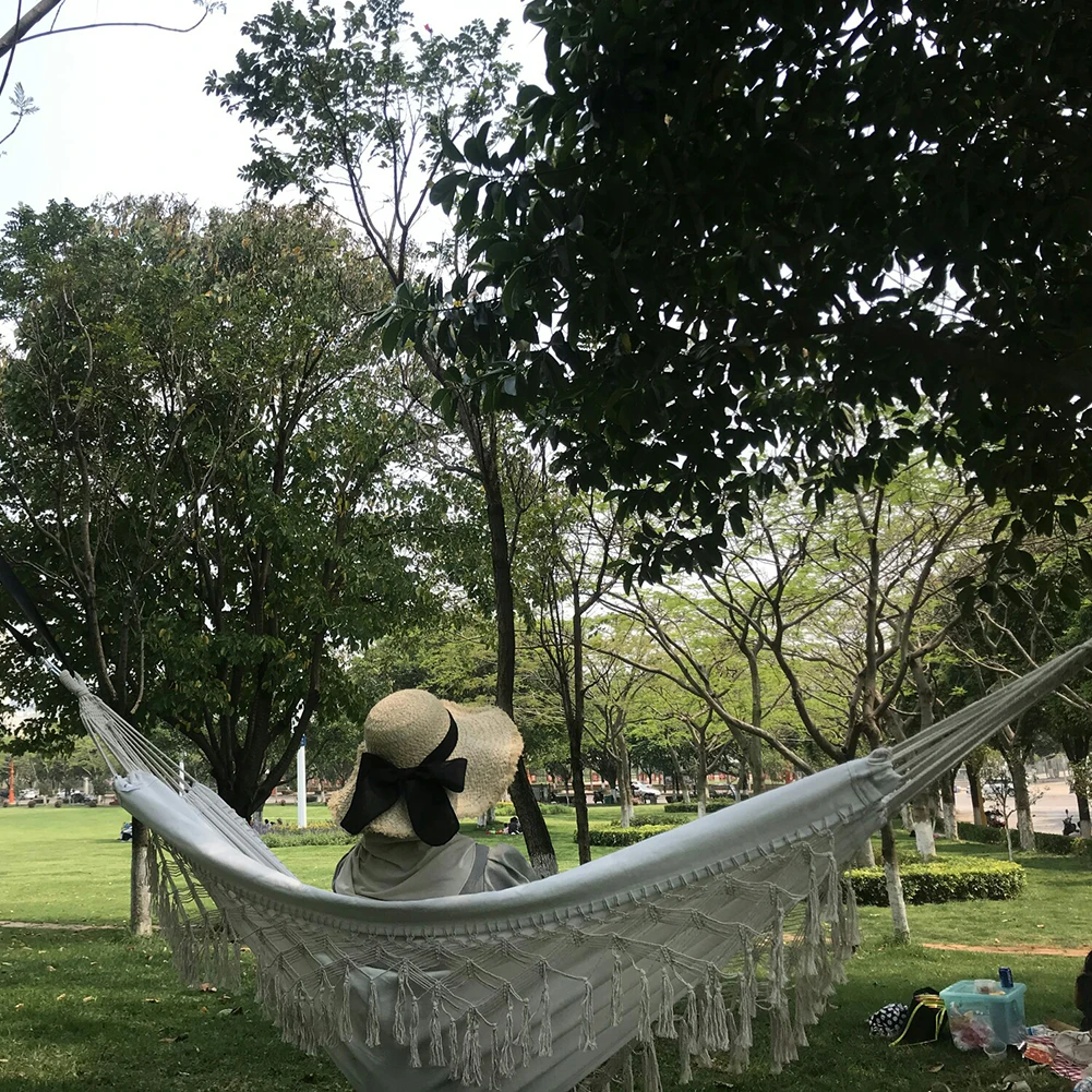Outdoor Garden Hammock Tassel Canvas Swing Chair Hanging Bed Hiking Camping Hunting Foldable Hammock Photo Props 5