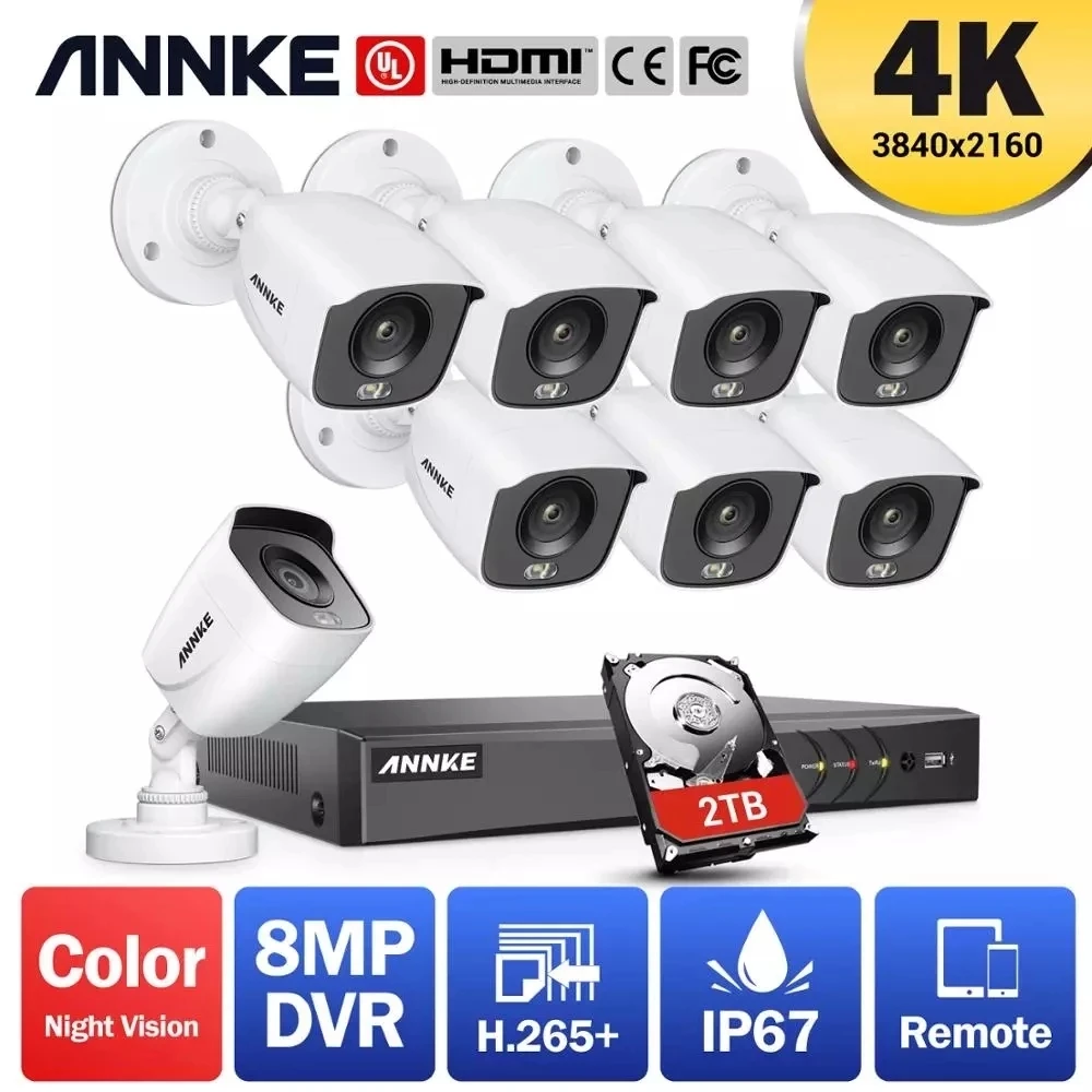 ANNKE-sistema de seguridad para el hogar, Kit de videovigilancia 4K Ultra HD, 8 canales, DVR, H.265 + cámara CCTV de 8MP, IR Visión Nocturna exterior