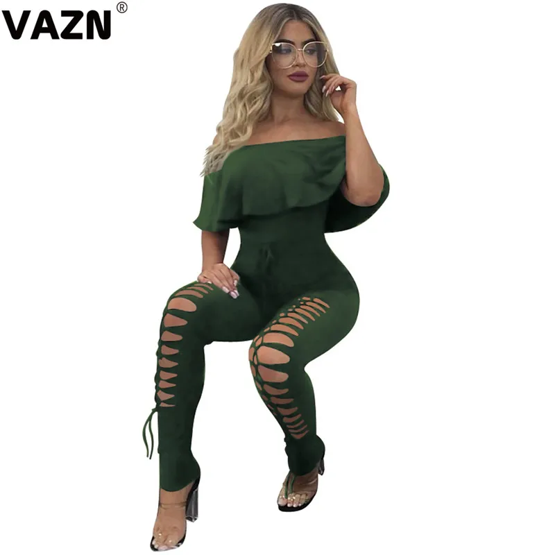 Green VAZN, новинка, популярные, с перекрестной повязкой, с вырезами, необычные, сексуальные, с вырезом лодочкой, с коротким рукавом, одноцветные, с талией, коллекция, женские комбинезоны-карандаш - Color: Green