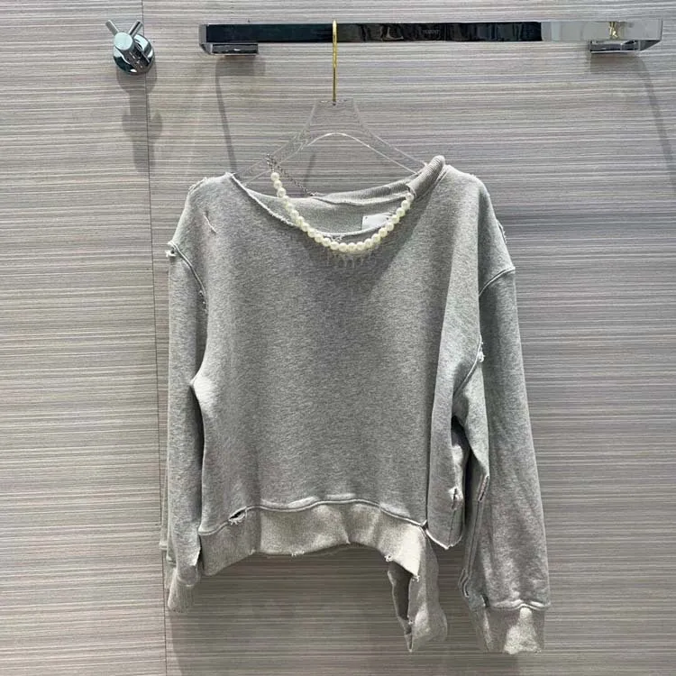 

2019 autumn new women pearl hole hoodies female casual loose pullover hoodies for ladies clothes 2 color tclai