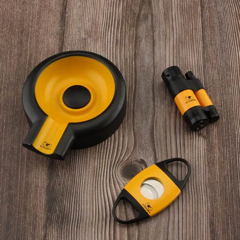 

COHIBA Cigar Accessories Set Cigar Ashtray Sharp Cigar Cutter 3 Torch Gas Cigar Lighter Set with Gift Box
