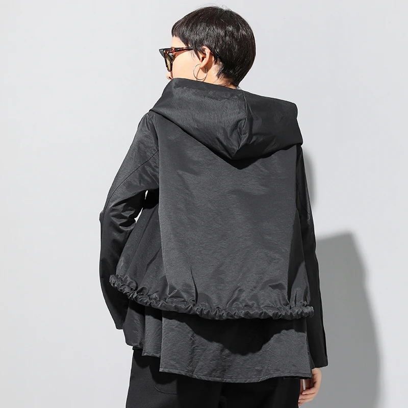 lower price  [EAM] Loose Fit Black Asymmetrical Split Big Size Short Jacket New Hooded Long Sleeve Women Coat Fa