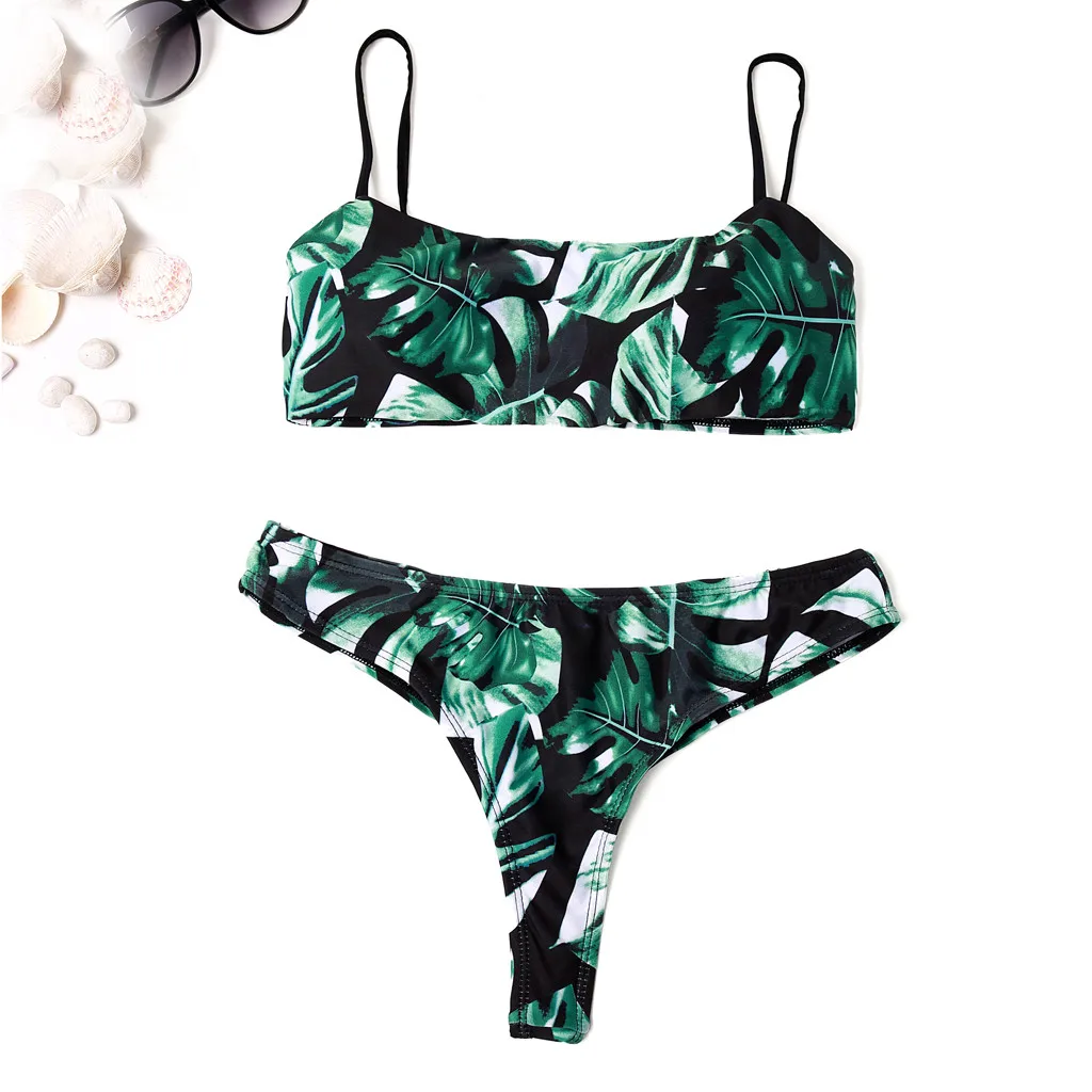 

2020 New Arrival Women Leaves Print Swimming Suit Split Bikini Set Push-Up Brazilian Swimwear Padded Beachwear Traje de baño