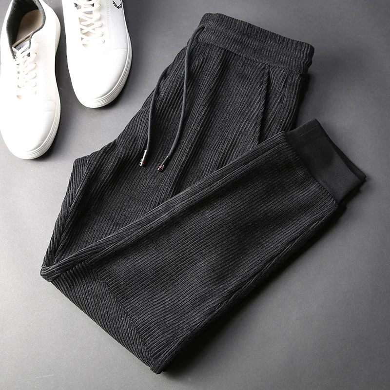

JSBD patchwork pants thick warm corduroy fabric men slim drawstring small feet casual pants