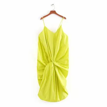 

2020 New Women sexy v neck solid spaghetti strap knotted midi Dress lady casual loose sling vestidos chic leisure Dresses DS3544