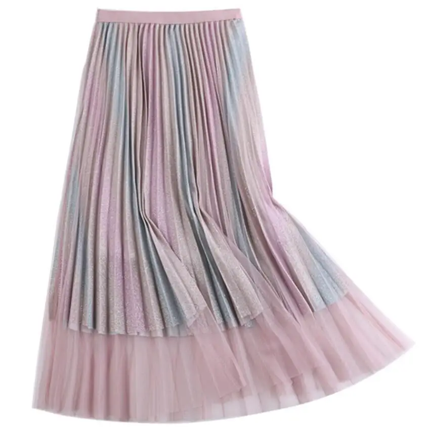 Весна осень новая модная яркая шелковая плиссированная юбка с градиентом Женская сетчатая юбка с высокой талией