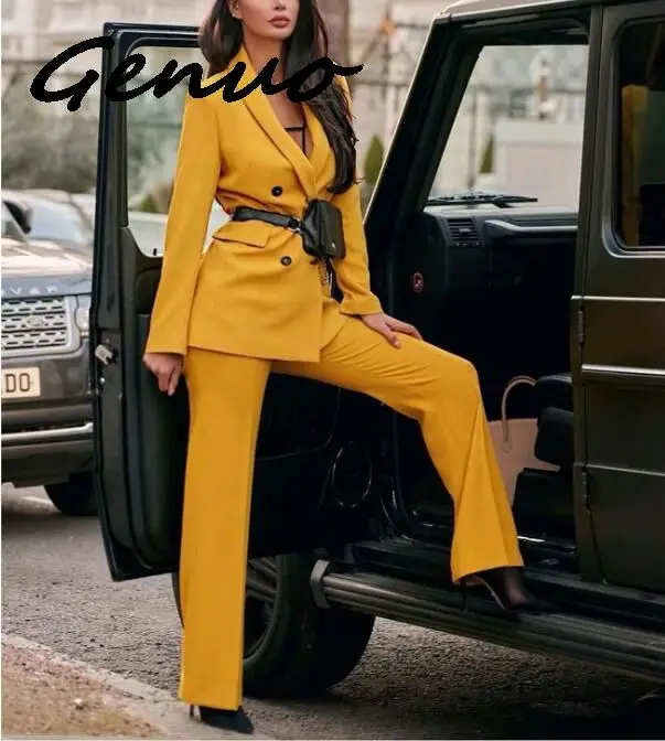 Genuo, новинка, женский желтый пиджак, Официальный Блейзер, двубортный, с карманами, верхняя одежда, для работы, офиса, бизнеса, костюм, верхняя одежда