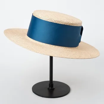 

Natural treasure straw wide ribbon decoration flat top woven Bowler hat summer outdoor travel sun protection beach straw hat