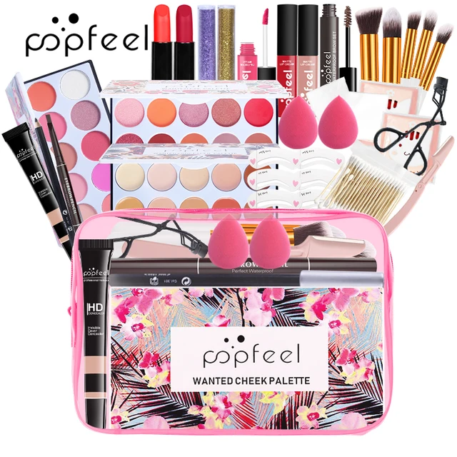 POPFEEL All In One Makeup Set (Eyeshadow, Ligloss, Lipstick, Brushes, Eyebrow, Concealer) Cosmetic Bag  Eye Shadow Kit 5