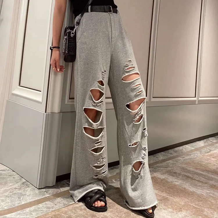 Vefadisa 6 Style Women Holes Wide Leg Pants 2020 Summer Women High Waist Straight Pants Female Plus Size Slim Pants ZQY242B