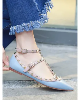 

[Worry Girl WUYOUNV] Flat-bottomed rivets pointed toe shoes, fashionable and comfortable non-slip bottom rivet autumn shoes
