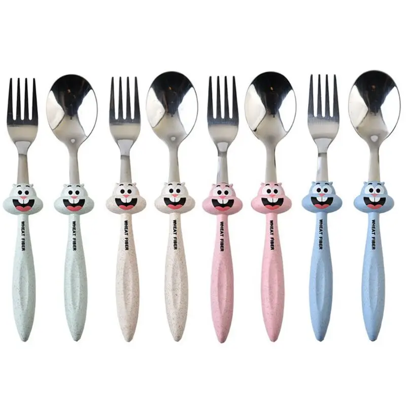 

2 Pcs/set Baby Feeding Spoon Fork Cutlery Set Kids Children Cartoon Stainless Steel Tableware Baby Spoon Fork
