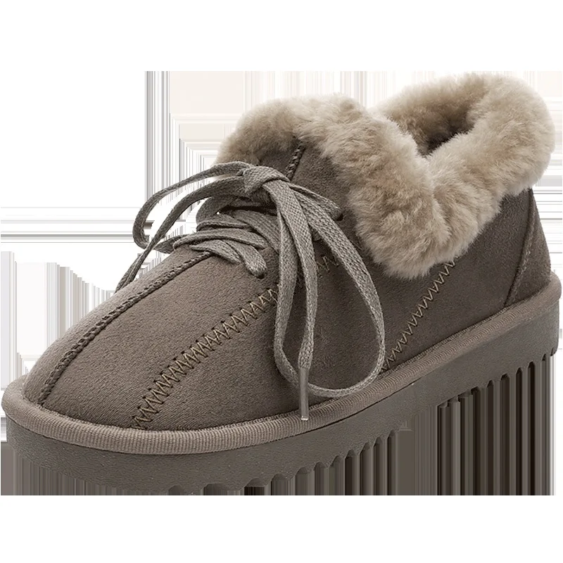 Новые женские туфли на плоской подошве зимние ботинки с мехом; Теплая Флисовая женский Повседневное обувь однотонное, стильное дизайнерская Дамская обувь - Цвет: light Bean Paste