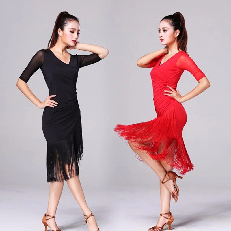 Женское платье для латиноамериканских танцев черное 2020 с V-образным вырезом