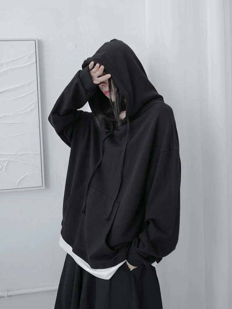 Ladies Hooded Hoodie Spring And Autumn Classic Black Fake Two Irregular Deconstructed Casual Loose Large Size Tops ladies plus velvet plus size black jeans with drill fake holes harem jeans jeans woman ripped jeans for women