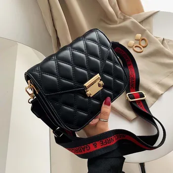 

Womens Crossbody Bags Designer Wide Shoulder Strap Rhomboids Solid PU Leather Ladies Handbag Small Square Bag Luxe Handbags Sac