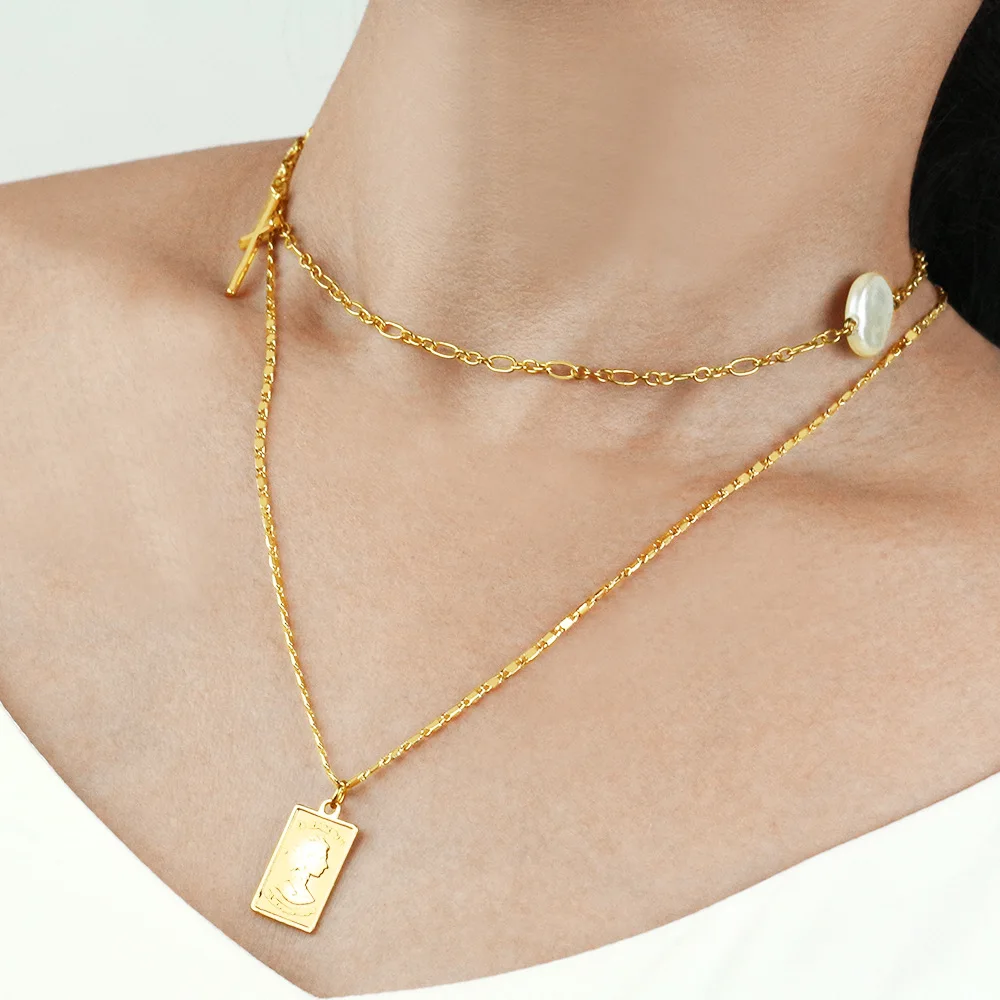 

Simple Double-deck Gold Wafer Pendant Necklace Charming Women's Collarbone Chain Choker Necklace Female Party Jewelry Girl Gifts