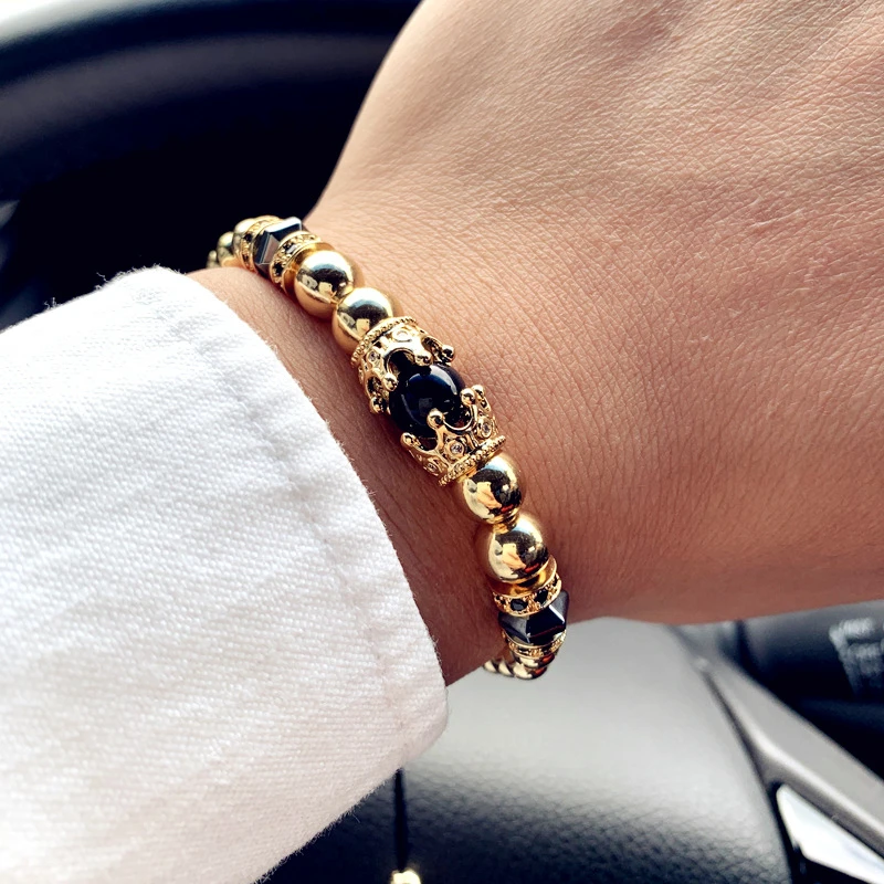 流行のダブルクラウンチャームブレスレット男性ロイヤル調節可能なビーズメンズブレスレット手作り織り宝石類のギフト Charm Bracelets Aliexpress