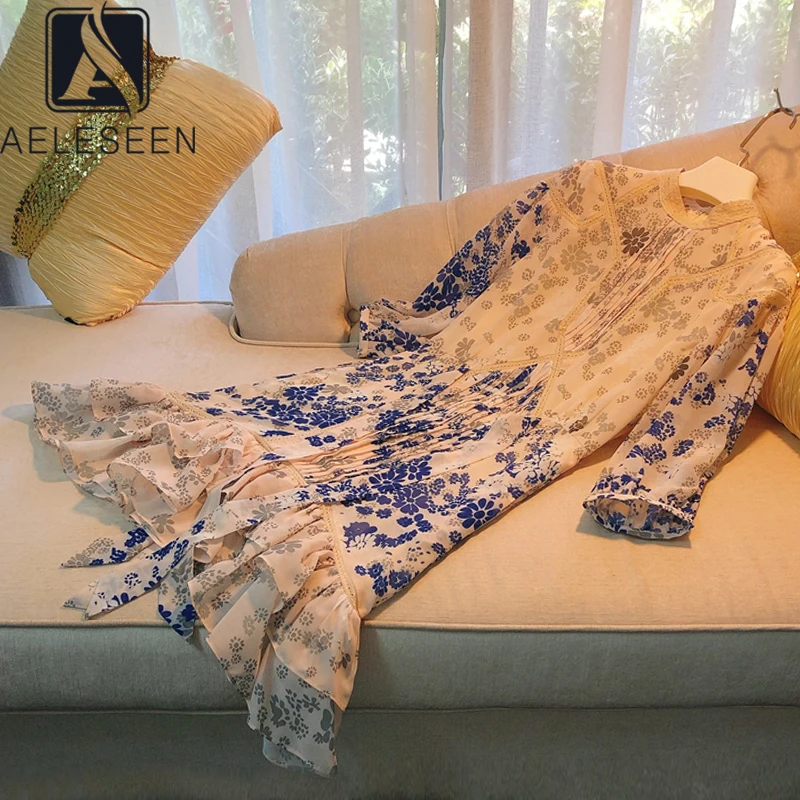 Модельное платье AELESEEN с фарфоровым принтом новое дизайнерское Плиссированное