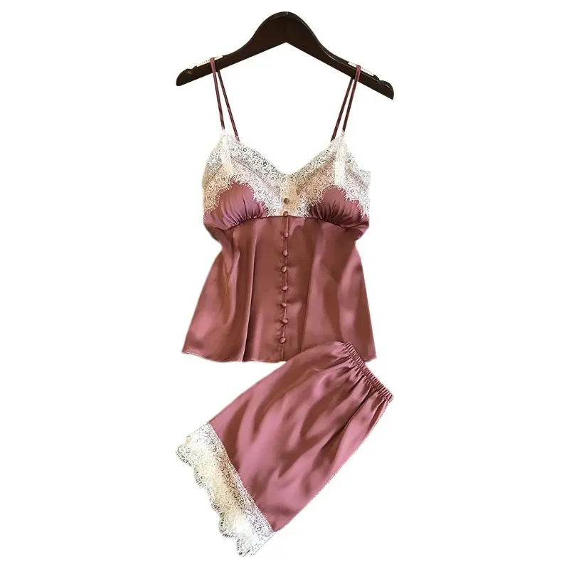Womens Imitation Silk Sexy Lingerie Set Push Up Padded Button Down Camisole Wide Leg Eyelash Lace Shorts Solid Color Nightwear - Цвет: HP