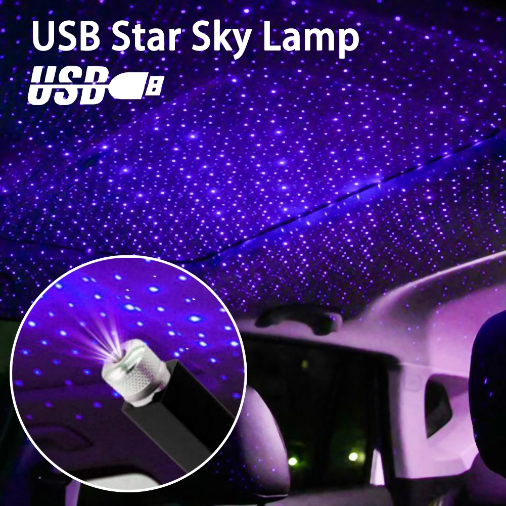 

USB Car Roof Atmosphere Star Sky Lamp Ambient Star Light LED Projector Purple Night Light Adjustable Multiple Lighting Effects