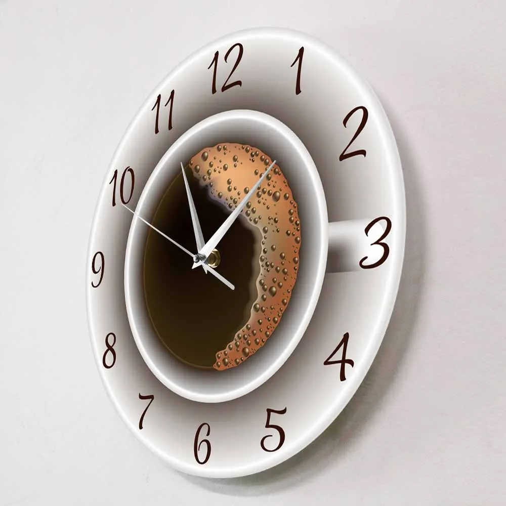 Cup of Coffee with Foam Decorative Silent Wall Clock Kitchen Decor Coffee Shop Wall Sign Timepiece Cafe Style Hanging Wall Watch Just6F
