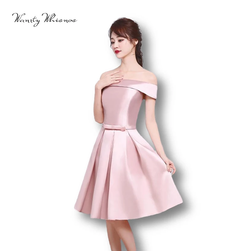 

Beauty-Emily Off The Shoulder 2020 Bow Short Bridesmaid Dresses Satin Party Dress For Wedding Guests Sleeveless Lace Up Dress