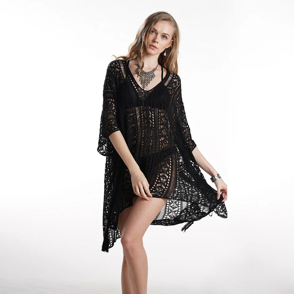 

Women Long Fashion Top Swimwear Summer Cover Up V Neck Knitted Crocheted Loose Beach Blouse Out Sexy Lace