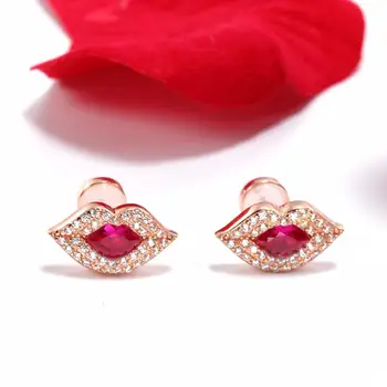 

925 Sterling Silver Fine Jewelry Sexy Red Lips Stud Earring for Womens Girls Party Birthday Christmas Gifts