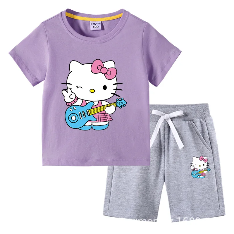 thumbnail image 1 of Hello Kitty verano niños pequeños de algodón de manga corta camiseta traje niños pantalones cortos de manga corta conjunto de dos piezas ropa para niños, 1 of 4