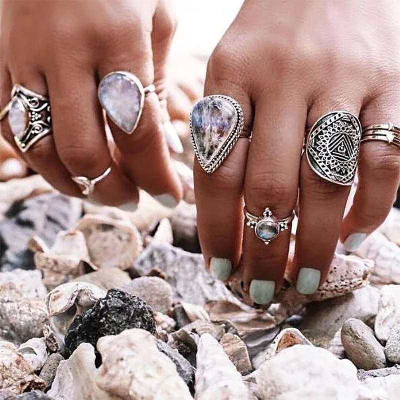 GinaDeer New Opal Ring Set Water Drop Pebble 7-piece Joint Stainless Steel Rings For Women Bagues Pour Femme | Украшения и
