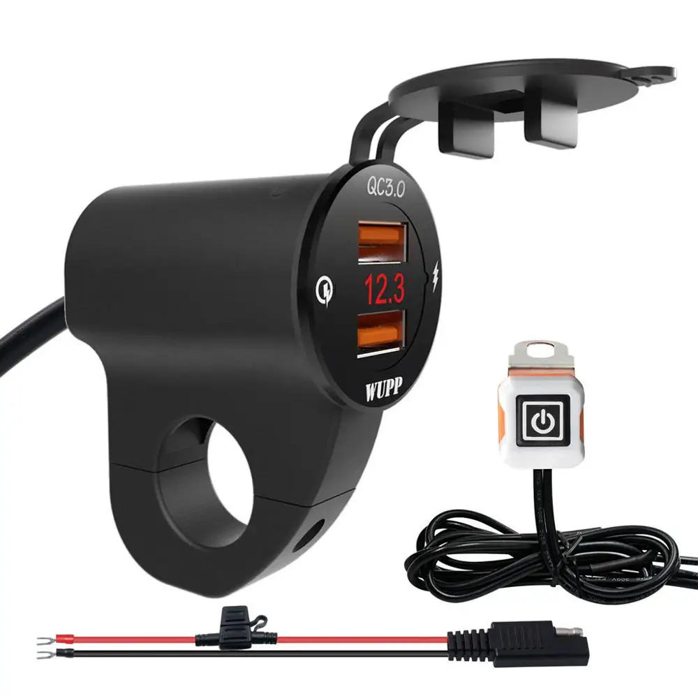 Черный Металлический 12V мотоциклов Водонепроницаемый QC3.0 Dual USB быстрой Зарядное устройство Светодиодный переключатель вольтметра - Цвет: Черный