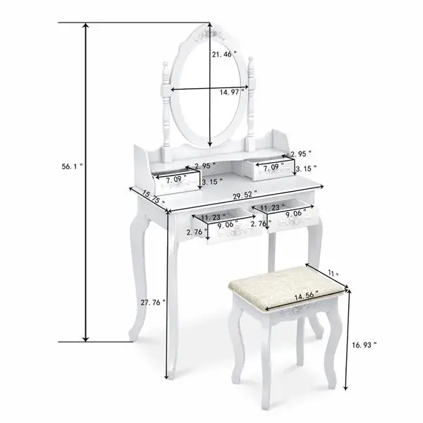 

Makeup Dressing Table Vanity And Stool Set With Adjustable Swivel Oval Mirror 4 Drawers And Curved Solid Rubberwood Leg
