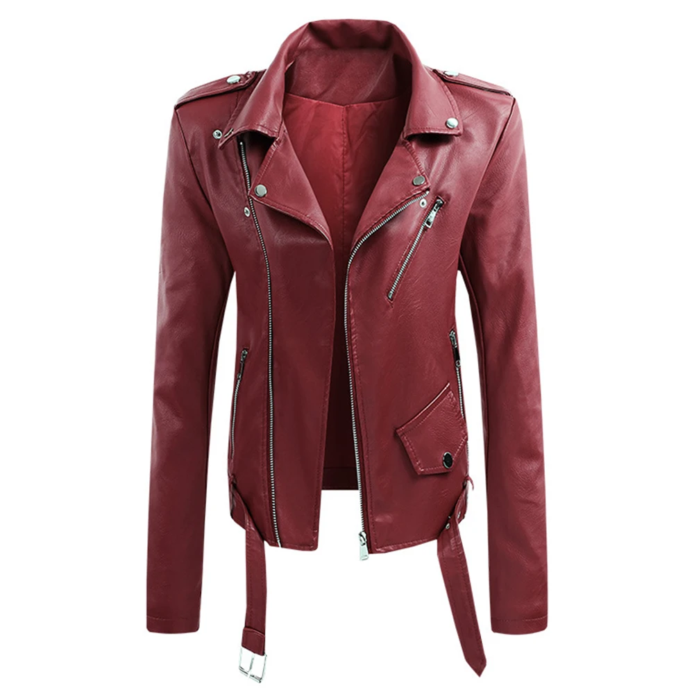 

Black Leather Belt Jacket For Women 2021 Spring Autumn Lapel Slim Casual Top Europe America Short Coat Female Motorcycle Clothes