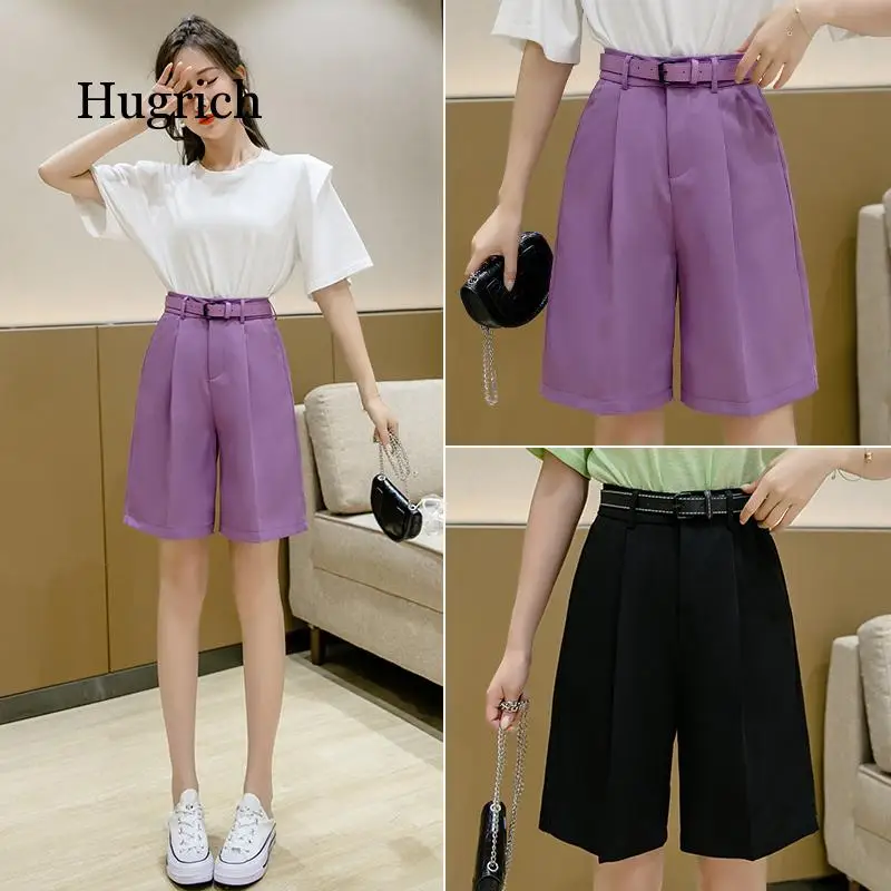 New 2021 Wide Leg Loose Bermuda Shorts for Women High Waist Purple or Black Cotton Shorts Free Belt High Quality Bermuda Femme