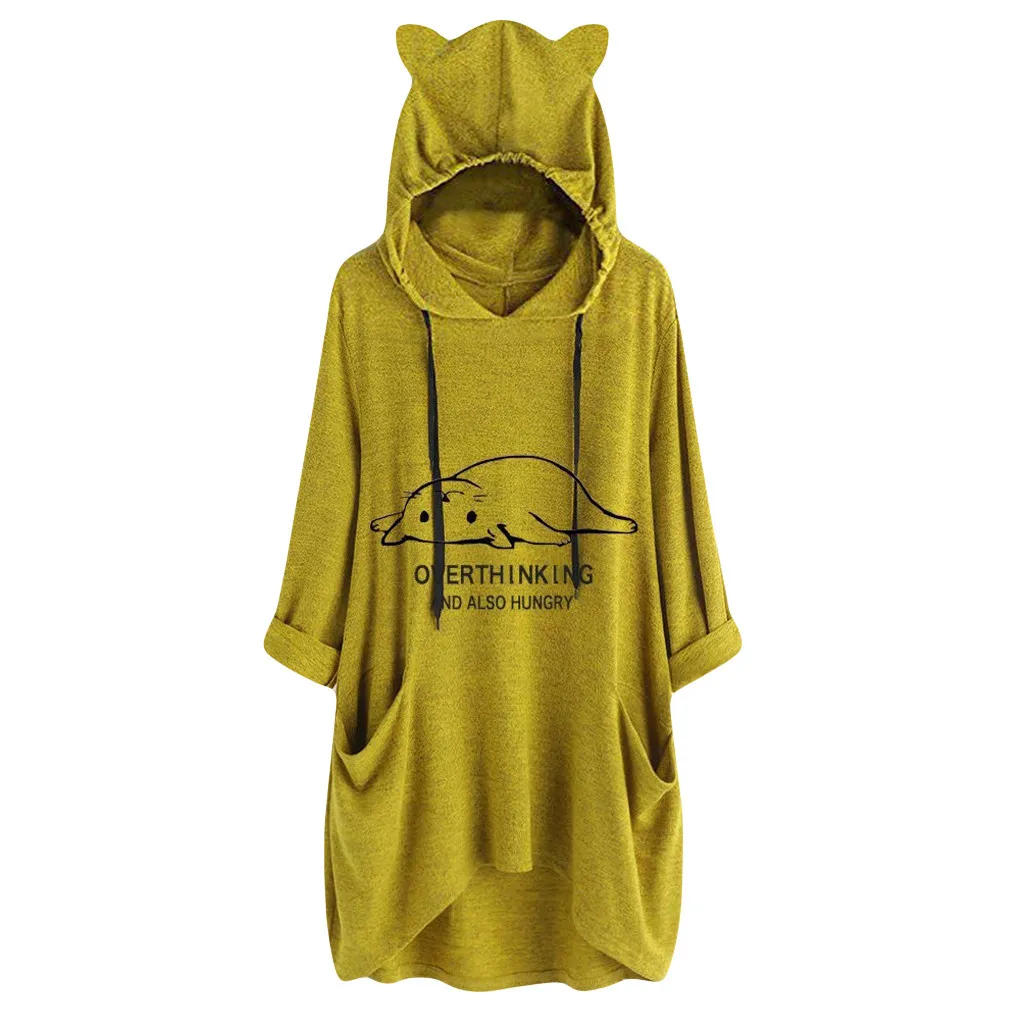 Yellow 1 Женская Повседневная Толстовка размера плюс с кошачьими ушками и капюшоном, модные женские Топы с длинным рукавом и карманами - Цвет: Yellow 1