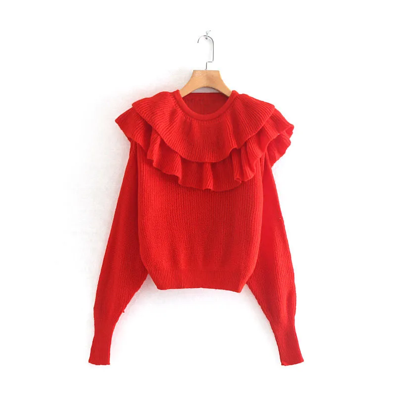 Увядшие зимние свитера женские в английском стиле каскадные О-образным вырезом короткая с рукавом-фонариком красные pull femme свитера женские пуловеры Топы