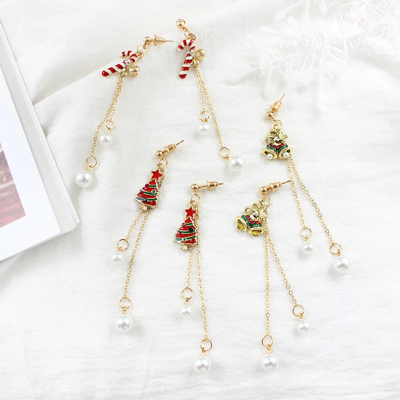 

Sweet Christmas Series Christmas tree stars bells candy cane hanging metal long chain white imitation pearl pendant earrings