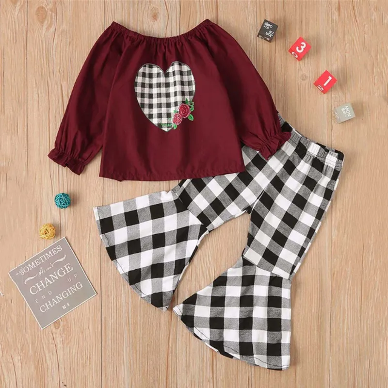 Spring Baby Girls 2-piece Suit Flared Plaid Trousers Heart Printing Long Sleeve Top O-neck Coordinates | Детская одежда и обувь