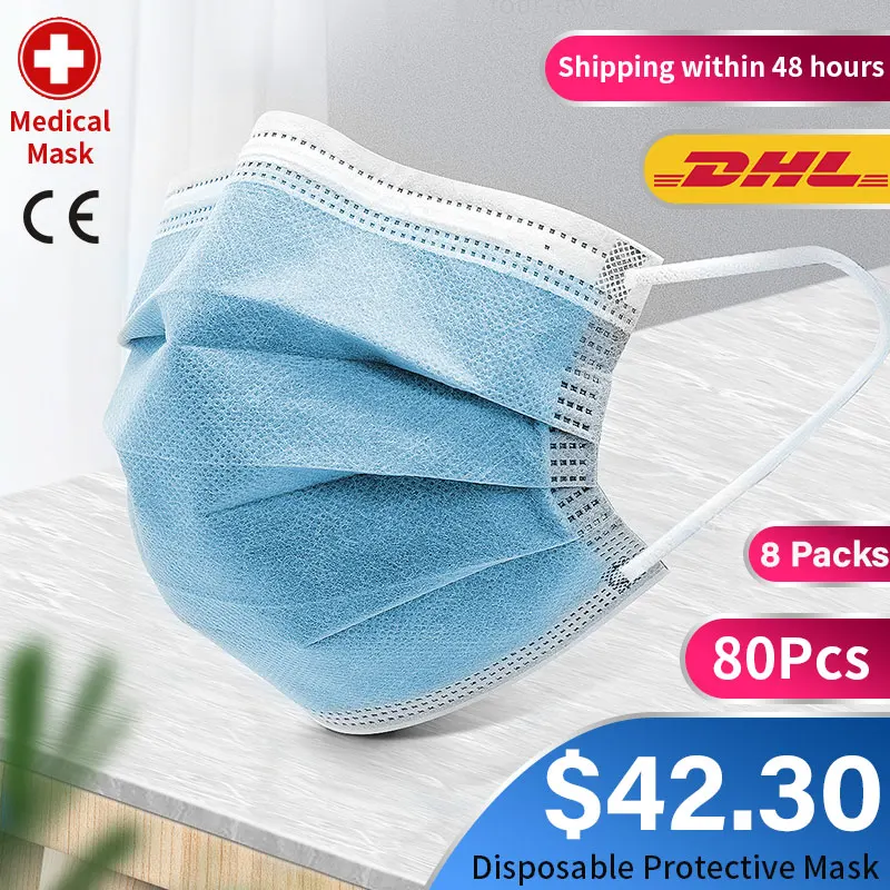 

80Pcs Respirator Medical Disposable Mascarillas Surgical Mask Mascherine Antivirus 3-Layer Anti-Dust Anti Fog Haze Face Mouth