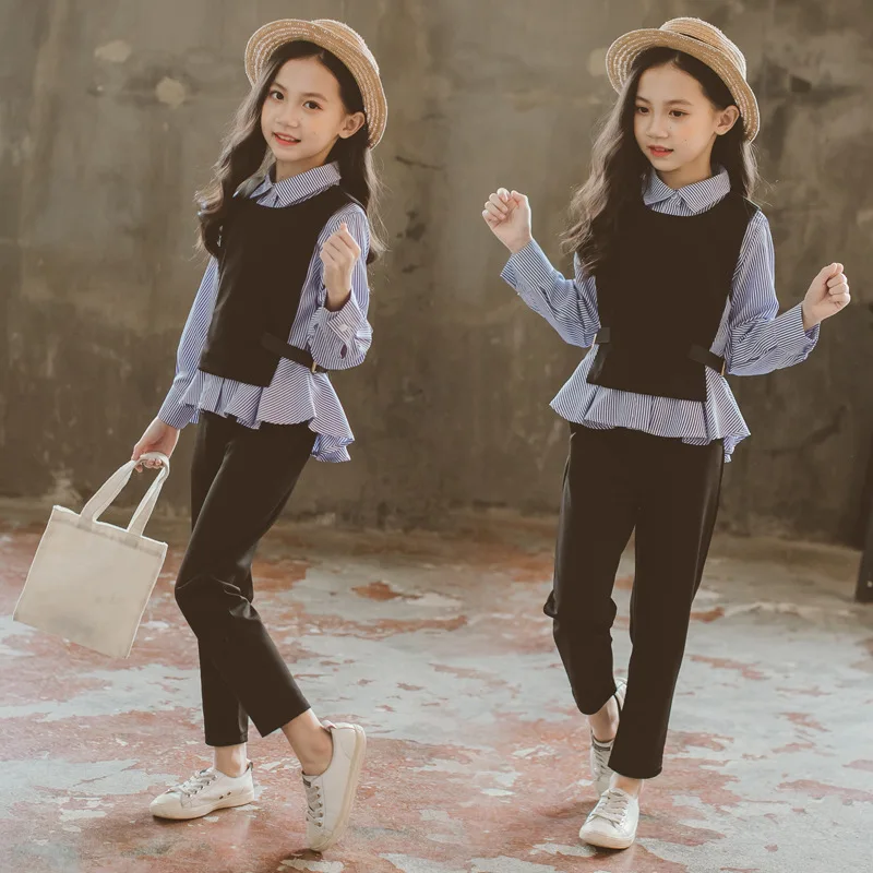 

Girls Striped Shirt Set Spring And Autumn 2019 New Style GIRL'S Big Boy Three-piece Set CHILDREN'S Garment