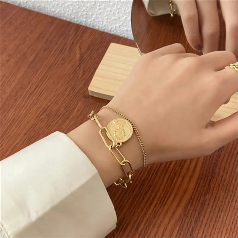

2021 Vintage Multi-layer Coin Chain Choker Bracelet For Women Gold Silver Color Fashion Portrait Chunky Chain Bracelet Jewelry