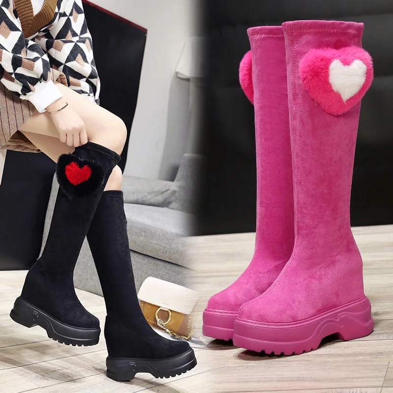 

Wedges women's boots 2019 autumn winter new thick bottom increased Martin boots slim elastic boots super high heel long boots hj