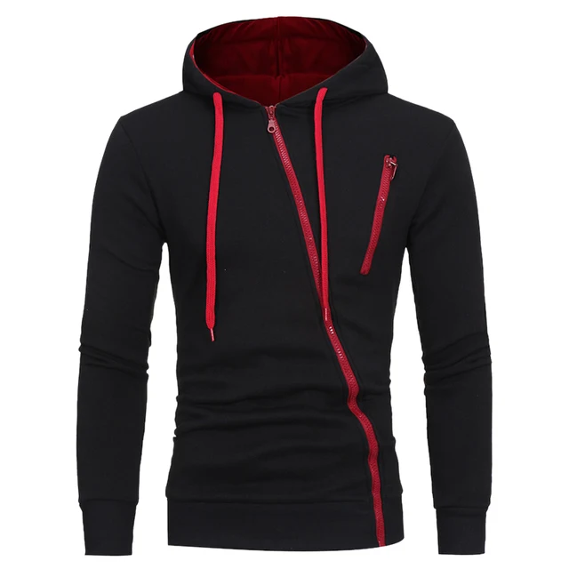 Mens Hoodies Diagonal Zipper Design Pure Color Long Sleeve Slim Hoodie Casual Hooded Sportswear Sweatshirts Men Streetwear Black Black